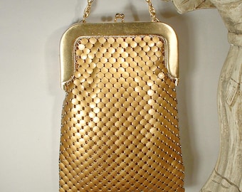 Borsa vintage in rete dorata EXC, borsa da sera lunga a tracolla stile Art Deco Glam anni '20 per matrimoni/spose WHiTiNG & DaViS Flapper, anni '40 Gatsby 9,5 x 7 pollici.