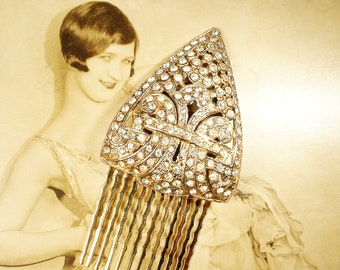 OOAK Antique 1930s Art Deco Gold Hair Comb,Large Paste Rhinestone Dress Clip/Headpiece,1920s Vintage Wedding Great Gatsby Downton Head Piece