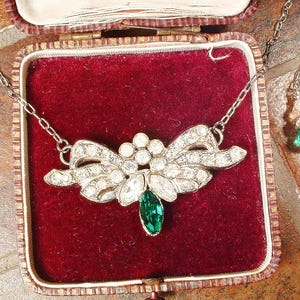 Vintage Art Deco Smaragdgrönt Strasshänge Halsband, 1920-tals Bröllop/Brudpasta Silver Gatsby Flapper Något Gammalt Gåva Antik