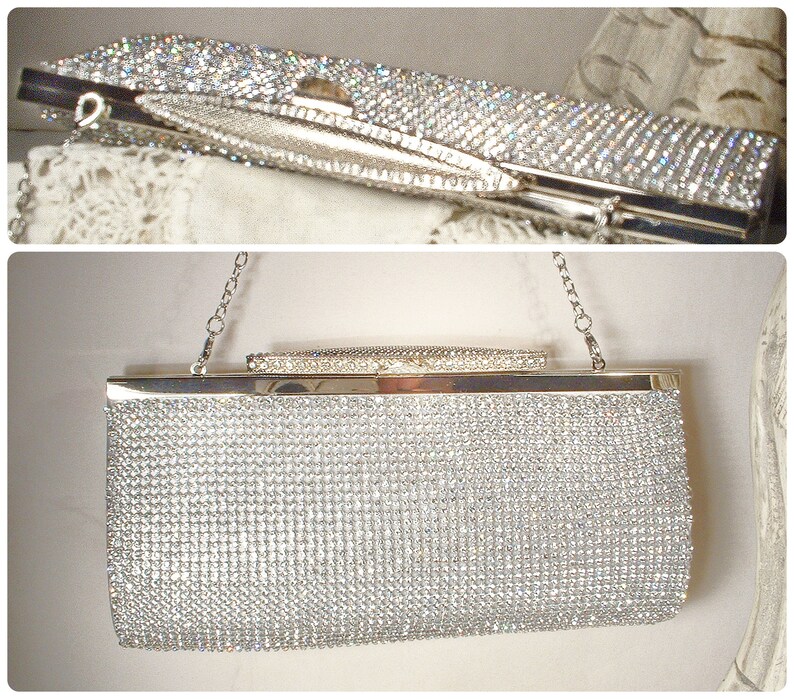 PRISTINE Art Deco Silver Rhinestone Evening Purse,Jewel Clutch/CrossBody Bag,1920s Vintage Wedding Old Hollywood Glam Handbag Flapper Bridal image 1