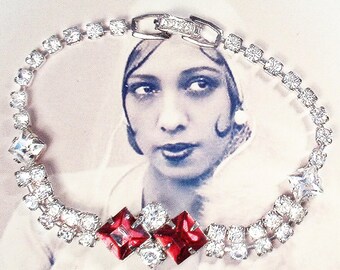 Vintage Art Deco Red Rhinestone Bracelet, 1920s Wedding/Bridal Silver Geometric Flapper Gatsby Something Old