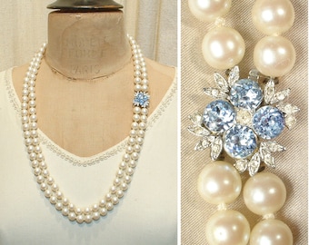 Vintage Light BLue Double Strand Ivory Pearl Necklace, Long/Opera Length Pearl Rhinestone Side/Back Clasp, Art Deco Bridal/Wedding Layered