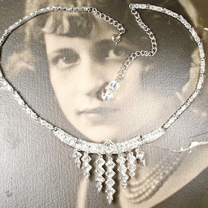 Vintage Art Deco Rhinestone Necklace, PRISTINE Pave Crystal Silver Fringe Bridal 1940s Old Hollywood Glam Wedding Choker Designer