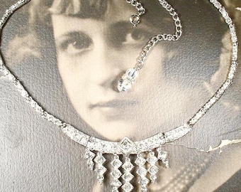 Vintage Art Deco Rhinestone Necklace, PRISTINE Pave Crystal Silver Fringe Bridal 1940s Old Hollywood Glam Wedding Choker Designer