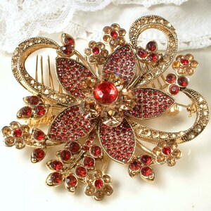 Vintage Red Brooch/Hair Comb, Large Gold Garnet Ruby Rhinestone Wedding Dress Sash/Bridal Headpiece, Wedding Flower Hairpiece Chinese Indian image 4