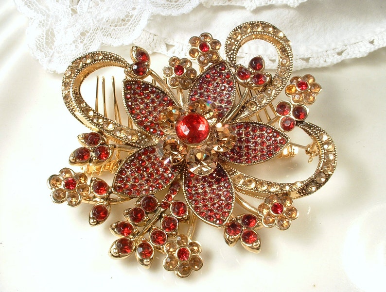 Vintage Red Brooch/Hair Comb, Large Gold Garnet Ruby Rhinestone Wedding Dress Sash/Bridal Headpiece, Wedding Flower Hairpiece Chinese Indian image 4