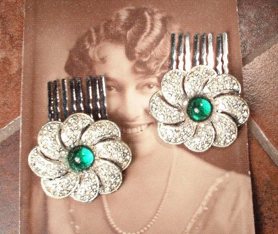 ANTIQUE 1920s Emerald Green Art Deco Hair Comb Pa… - image 4