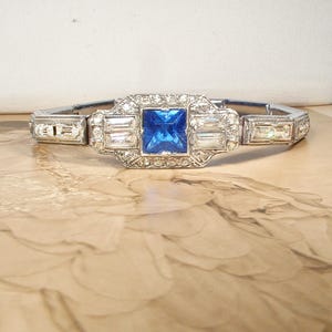 ANTIQUE Art Deco Nov-E-Line Sapphire Rhinestone Bracelet, 1930s Paste Blue Bridal, Silver Panel Link 1920s Vintage Wedding Gatsby Flapper