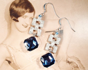ANTiQUe Art Deco Flapper Sapphire Dangle Earrings,Bridal Navy Blue Paste Rhinestone Sterling Silver Drop,1920s  1930s Gatsby Vintage Wedding