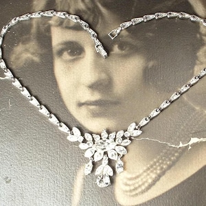 PRISTINE Vintage Art Deco Crystal Rhinestone Necklace, ORA 1920s Wedding/Bridal Flapper Gatsby Silver, 1940s Old Hollywood Glam Statement
