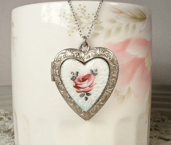 ANTIQUE 1920s Guilloche Rose Heart Necklace,STERL… - image 3