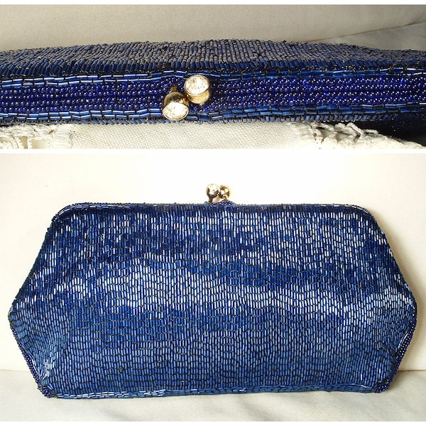 PRISTINE WaLBoRG NAVY Blue Micro Beaded Clutch Purse, Rhinestone Evening Bag, Vintage Jeweled Handbag Bridal Dark Blue Gold 1940s Formal