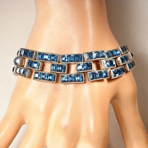 Vintage 1920s Navy Sapphire Rhinestone Art Deco Bracelet,Geometric Wide Link, Flapper 1930s Wedding/Bridal Gatsby Something Blue Old Paste