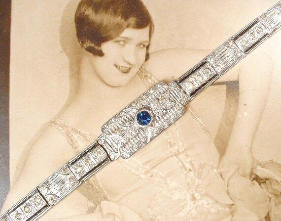 ANTIQUE Art Deco Sapphire Rhinestone Bracelet,Tru… - image 3