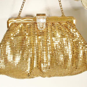 PRISTINE Whiting Davis Gold Mesh Rhinestone Purse/Clutch, Hollywood Glam Vintage Wedding Bridal Formal Evening Bag Wristlet, Flapper Handbag