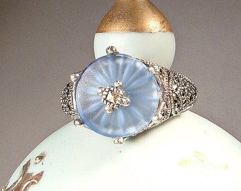 Vintage Art Deco JuDiTH JaCK Marcasite BLUE CaMPHoR Glass Ring,1920s Edwardian STeRLiNG SiLVeR Filigree Rhinestone, 1920s Flapper Size 5.75