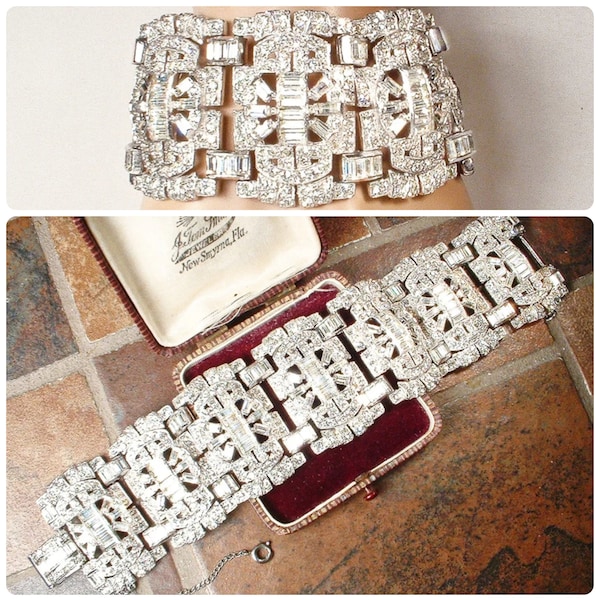 PRISTINE Vintage WIDE Art Deco Rhinestone Bracelet,1940s DeSiGNeR LEDO Paste Silver Link Panel Bridal Statement,Geometric 1920s Wedding Cuff