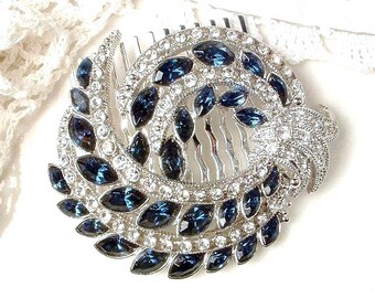 Vintage Saphir Braut Haarkamm 1920er Jahre Art Deco Marineblau Strass Silber Pave Kristall Brosche zum Kopfschmuck Kopfstück Hochzeitsschmuck