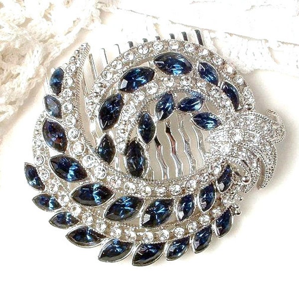 Peigne à cheveux de mariée vintage saphir des années 1920 Art déco bleu marine strass argent pavé de cristal broche à casque pièce de tête bijoux de mariage