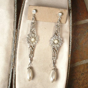 Vintage Art Deco Ivory Pearl Dangle Earrings,Long Silver Filigree Rhinestone Glass Pearl Drop Flapper 1920s Bridal/Wedding Statement Gift image 8