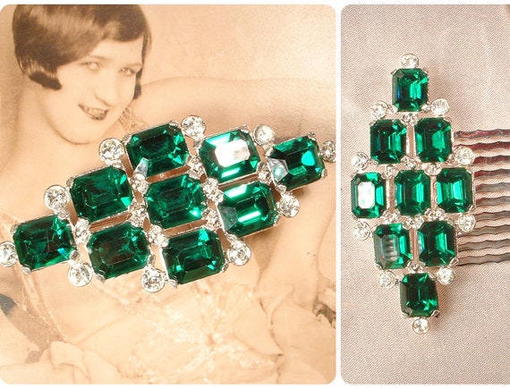 OOAK Vintage Art Deco Emerald Bridal Hair Comb/Dr… - image 1