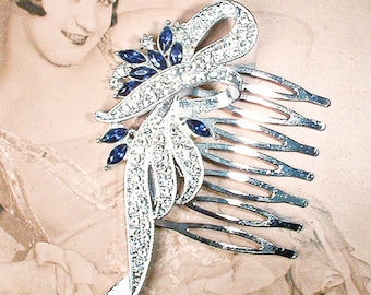 Peineta nupcial de zafiro azul marino, diamantes de imitación plateados estilo art déco, tocado de boda estilo Gatsby de los años 20, regalo para baby shower "Algo azul", clip deslizante para tocado