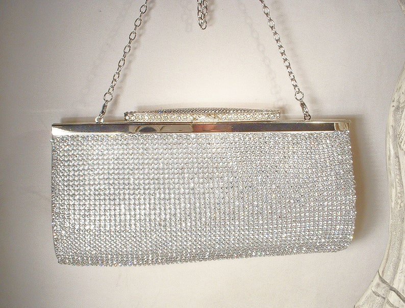 PRISTINE Art Deco Silver Rhinestone Evening Purse,Jewel Clutch/CrossBody Bag,1920s Vintage Wedding Old Hollywood Glam Handbag Flapper Bridal image 2