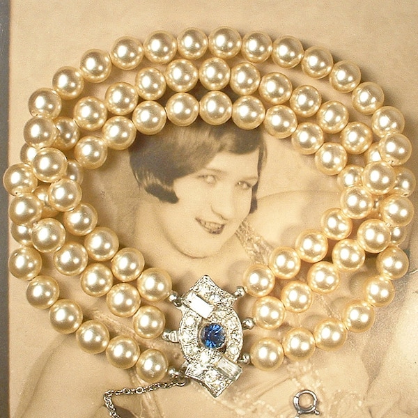 Vintage MARVELLA Navy Blue Rhinestone Champagne Ivory Glass Pearl Bridal Bracelet, Art Deco Multi Three Strand Sapphire Clasp Something Old