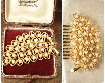 PRISTINE Vintage Glass Pearl Bridal Hair Comb/Sash Brooch, Gold Plated Ivory Pearl Leaf/Spray Wedding Headpiece Modern Hairpiece Clip Gift