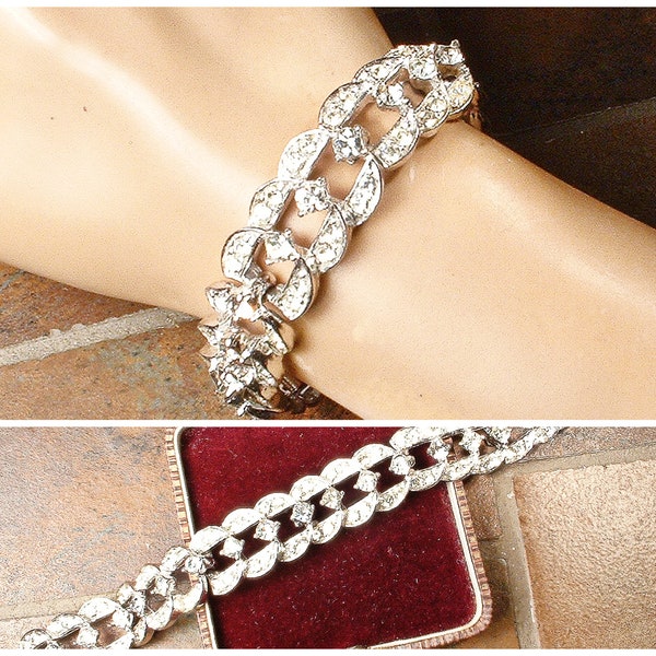 PRiSTiNe LEDO Vintage Art Deco Rhinestone Bracelet, Small 1920s Bridal Bracelet Silver Paste Wide Link Gatsby Wedding 1940s Flapper POLCINI