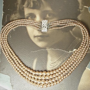 PRISTINE 1940s Vintage Art Deco Champagne Ivory Pearl Necklace, Bridal 4 Multi Four Strand Glass Pearl Rhinestone Clasp Antique Wedding Gift