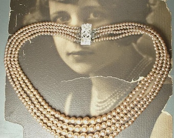 PRISTINE 1940s Vintage Art Deco Champagne Ivory Pearl Necklace, Bridal 4 Multi Four Strand Glass Pearl Rhinestone Clasp Antique Wedding Gift