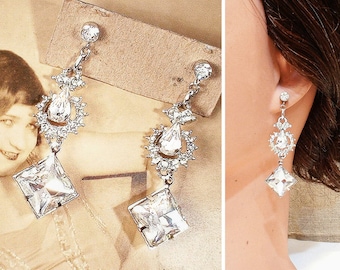 Vintage Art Deco Rhinestone Dangle Bridal Earrings, Long Silver Princess Crystal Drop,1920s Wedding Gatsby Flapper Downton 1930s Fiance Gift