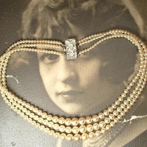 Vintage Art Deco Ivory Glass Pearl Bridal Necklace,1940s Three 3 Strand Silver Rhinestone 1920s Wedding, Multi Layered Silver Gift Choker