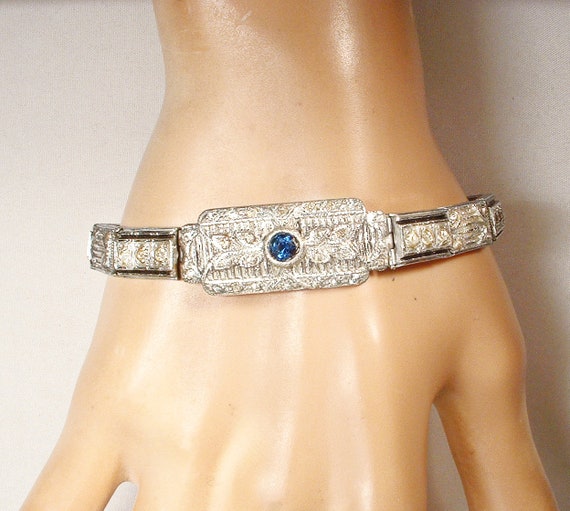 ANTIQUE Art Deco Sapphire Rhinestone Bracelet,Tru… - image 7