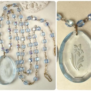 ANTIQUE Art Deco Light Blue Crystal Pendant Necklace, Vintage Gold Beaded Glass Intaglio Nouveau 1920s Bridal Wedding 1930s Camphor Gift