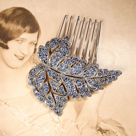 OOAK Vintage Art Deco Navy Sapphire Rhinestone Hair Comb  display picture 3