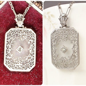 ANTIQUE Art Deco Clear Topaz Camphor Glass Necklace,STeRLiNG SiLVeR Nouveau Filigree Pendant,1920s Bridal Vintage Wedding 1930s Shower Gift