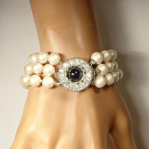 Vintage Navy Rhinestone Ivory Pearl Bridal Bracelet,Art Deco Multi Three 3 Strand Sapphire Clasp Something Blue Old Simulated Off White Gift