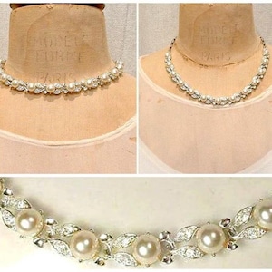 PRISTINE Vintage Art Deco Glass Pearl Bridal Necklace,Wedding Rhinestone Ivory Pearl Choker,Silver Leaf Link Statement 1950s Designer Lisner