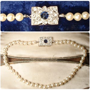 Vintage Art Deco Glass Ivory Pearl Necklace,Navy Sapphire Blue Rhinestone Clasp Single One Strand,1920s Bridal/Wedding Antique Gift PRISTINE