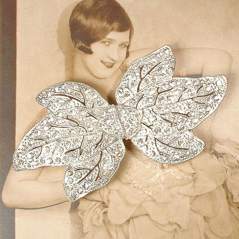 Peut inclure: Broche argent&eacute;e vintage en forme de feuille ou de n&oelig;ud, orn&eacute;e de petites pierres scintillantes. La broche pr&eacute;sente des d&eacute;tails de veines d&eacute;licats. Le fond est une photographie s&eacute;pia d'une femme.