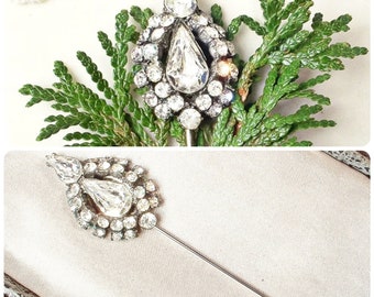 ANTIQUE Art Deco Grooms Boutonniere, Silver Crystal Rhinestone Stick Pin,Bridal Bouquet Jabot,Vintage 1920s Wedding Hat Pin Lapel Groom Gift