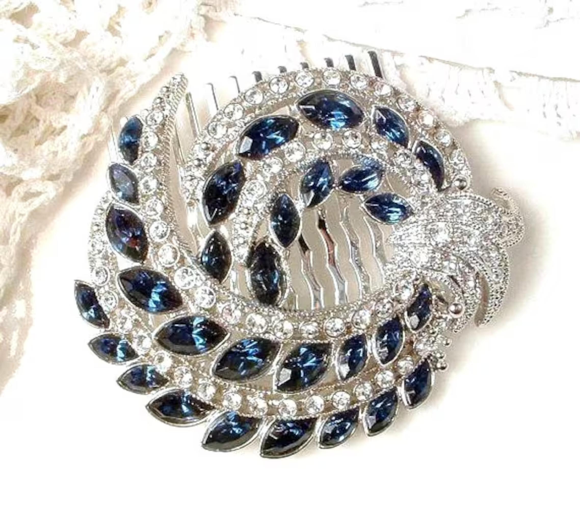 Vintage Sapphire Bridal Hair Comb 1920s, Art Deco Navy Blue 