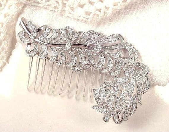 Art Deco KJL Feather Brooch/Hair Comb,Vintage Rhi… - image 3