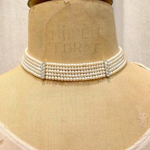 PRISTINE Vintage Art Deco Rhinestone Glass Pearl Bridal Choker Necklace, Designer Multi 5 Strand Ivory Pearl Dainty Crystal 1920s Wedding