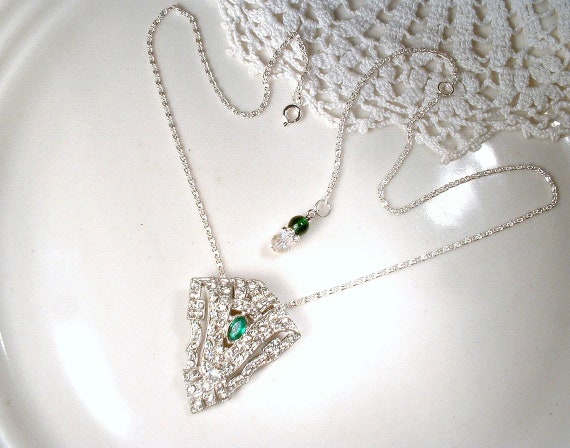 PRISTINE ANTiQue Emerald Rhinestone Art Deco Neck… - image 6