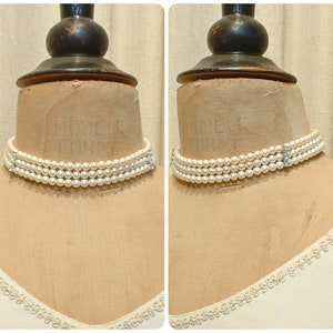Vintage CAROLEE Art Deco Rhinestone Pearl Bridal Choker Necklace, Designer Multi Triple 3 Strand Silver/Ivory Pearl Crystal 1920s Wedding