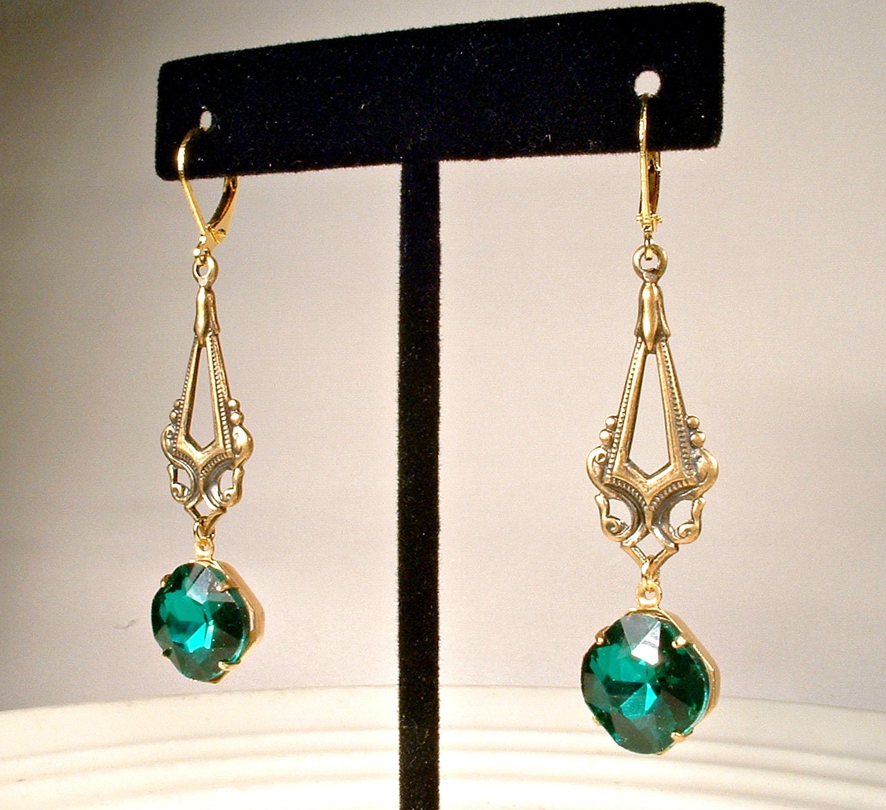 Emerald Green Art Nouveau Dangle Earrings Art Deco Rhinestone | Etsy
