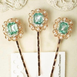 Horquillas para el pelo de novia con diamantes de imitación y perlas en color verde salvia menta, set de regalo para dama de honor con 3 horquillas doradas, pinzas para el pelo vintage para boda.